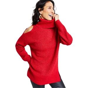 I.N.C. Women‎ Red Sparkle Cold Shoulder Turtleneck Neck Holiday Tunic Sweater XL